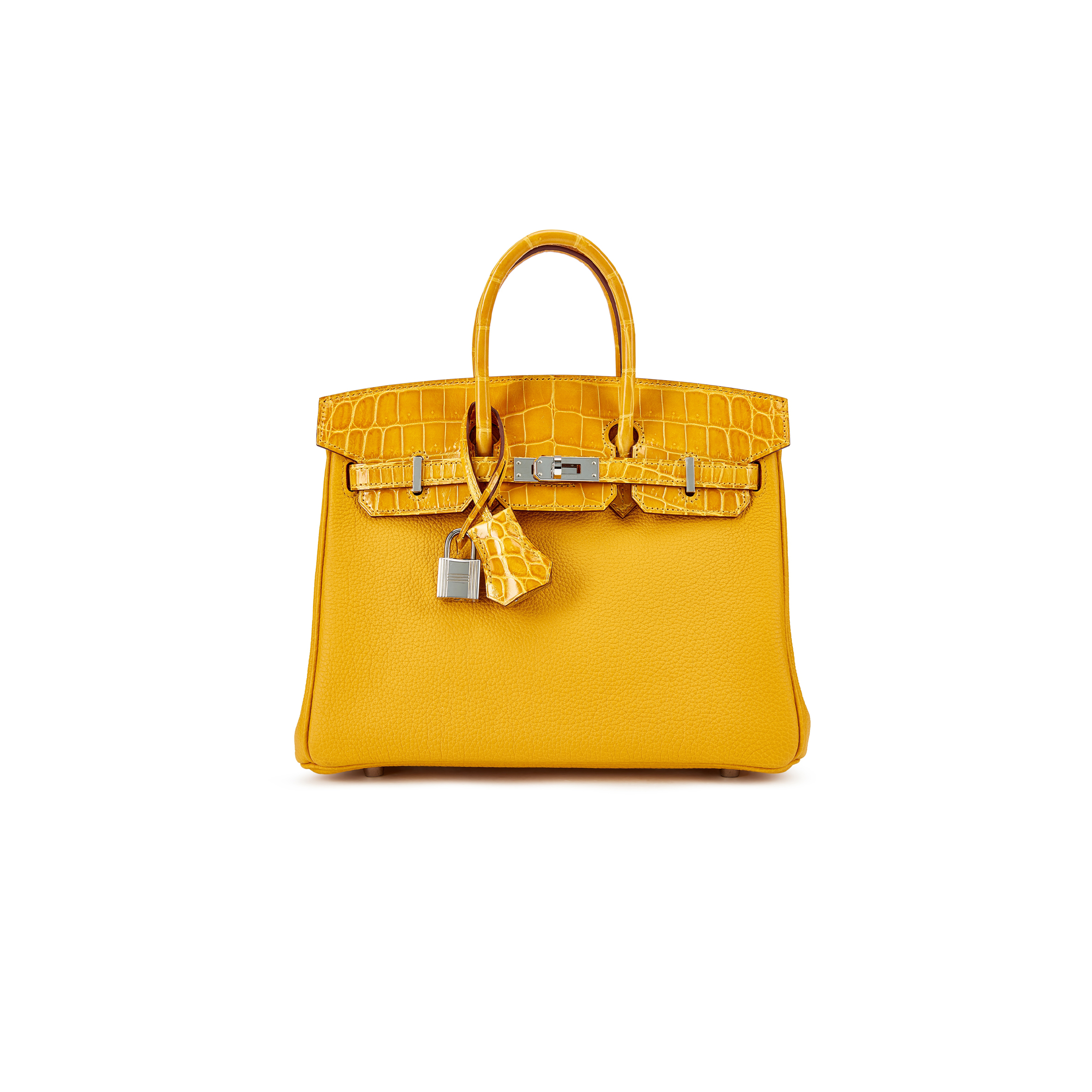 HERMÈS MASTER BIRKIN 25 CROCODILE AND TOGO LEATHER AMBER SILVER BUCKLE H076216CK22 (25*20*13cm)
